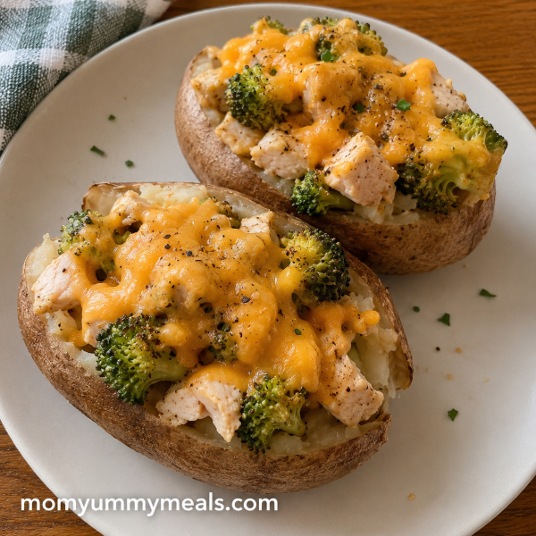 Baked potato topped with chicken broccoli and melted cheddar cheese
