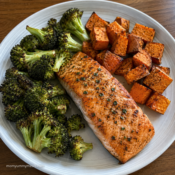 Baked salmon with roasted broccoli and sweet potato