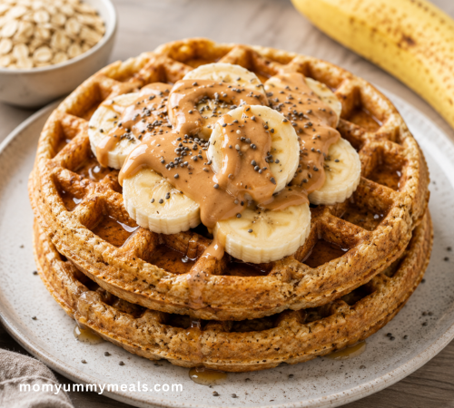 Healthy banana oat high protein waffles topped with sliced bananas and peanut butter
