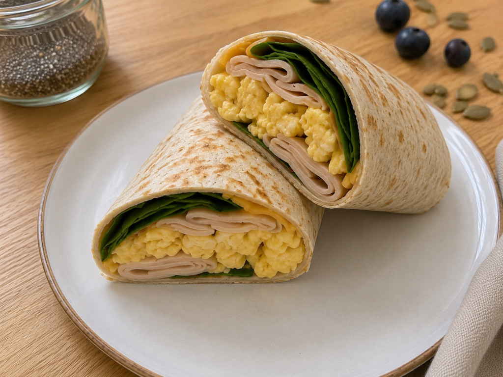 Quick high protein breakfast wrap filled with eggs, turkey, cheese, and spinach