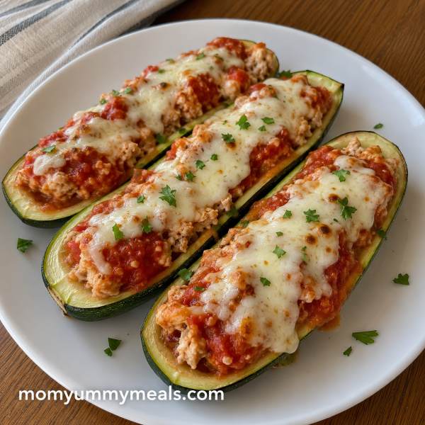 Chicken Parmesan stuffed zucchini boats with tomato sauce and mozzarella