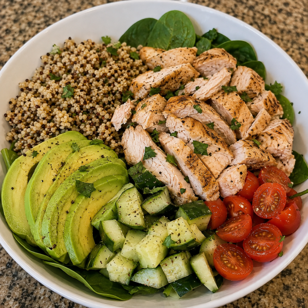 Chicken quinoa power bowl with spinach avocado cucumber and tomatoes