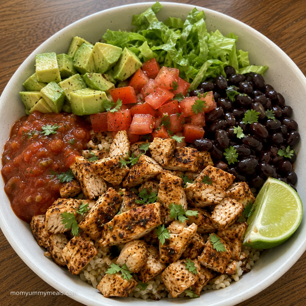 Chicken taco bowl with black beans lettuce tomatoes avocado and salsa