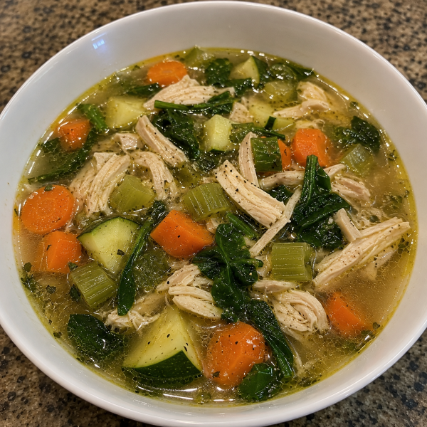 hicken vegetable soup with carrots celery zucchini and spinach