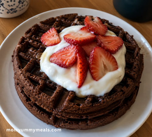 Chocolate high protein waffles topped with fresh strawberries and Greek yogurt