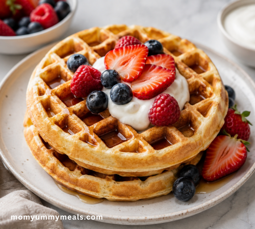 Fluffy high protein waffles made with Greek yogurt and topped with fresh berries