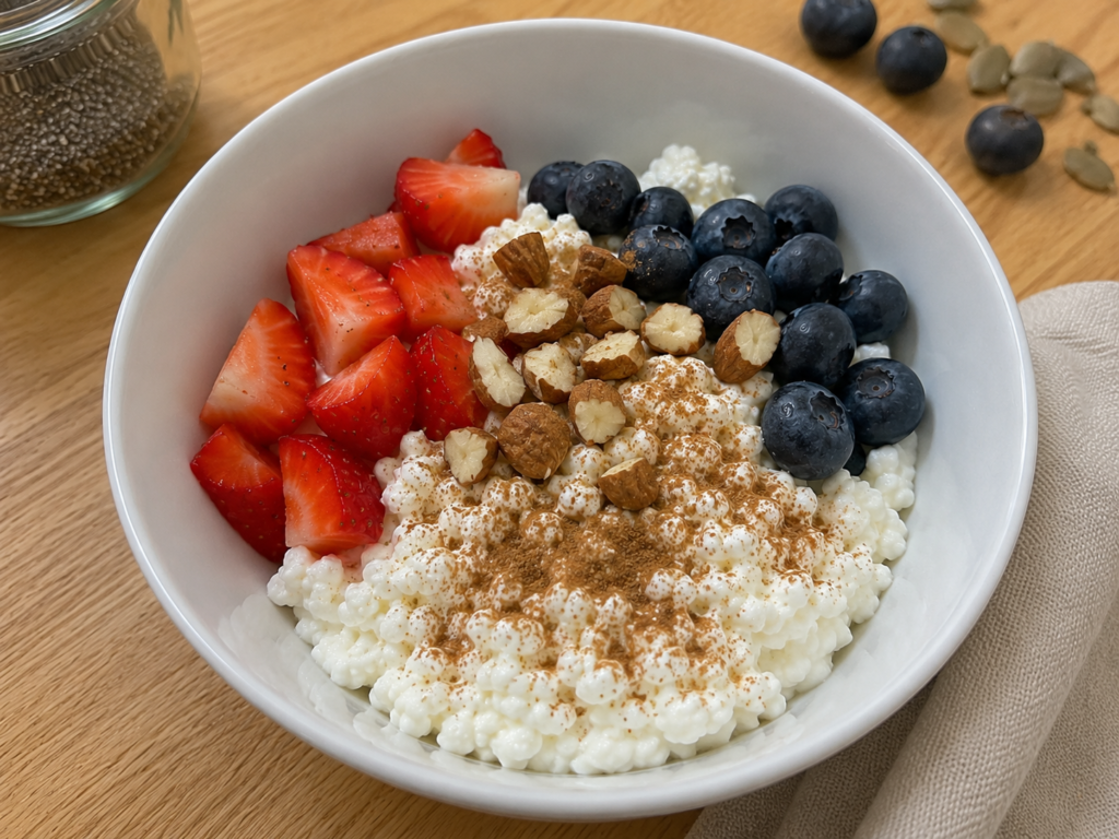 Healthy cottage cheese breakfast bowl topped with fresh berries, nuts, and cinnamon