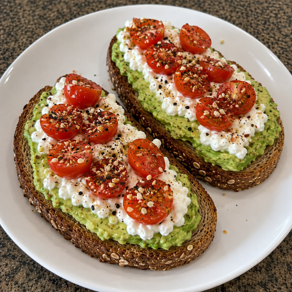 Cottage cheese avocado toast with tomatoes and everything bagel seasoning