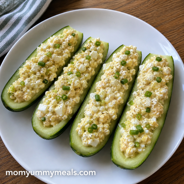 Cottage cheese egg salad served in fresh cucumber boats