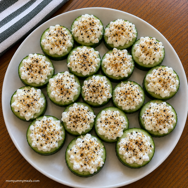 Cucumber bites topped with cottage cheese and everything bagel seasoning