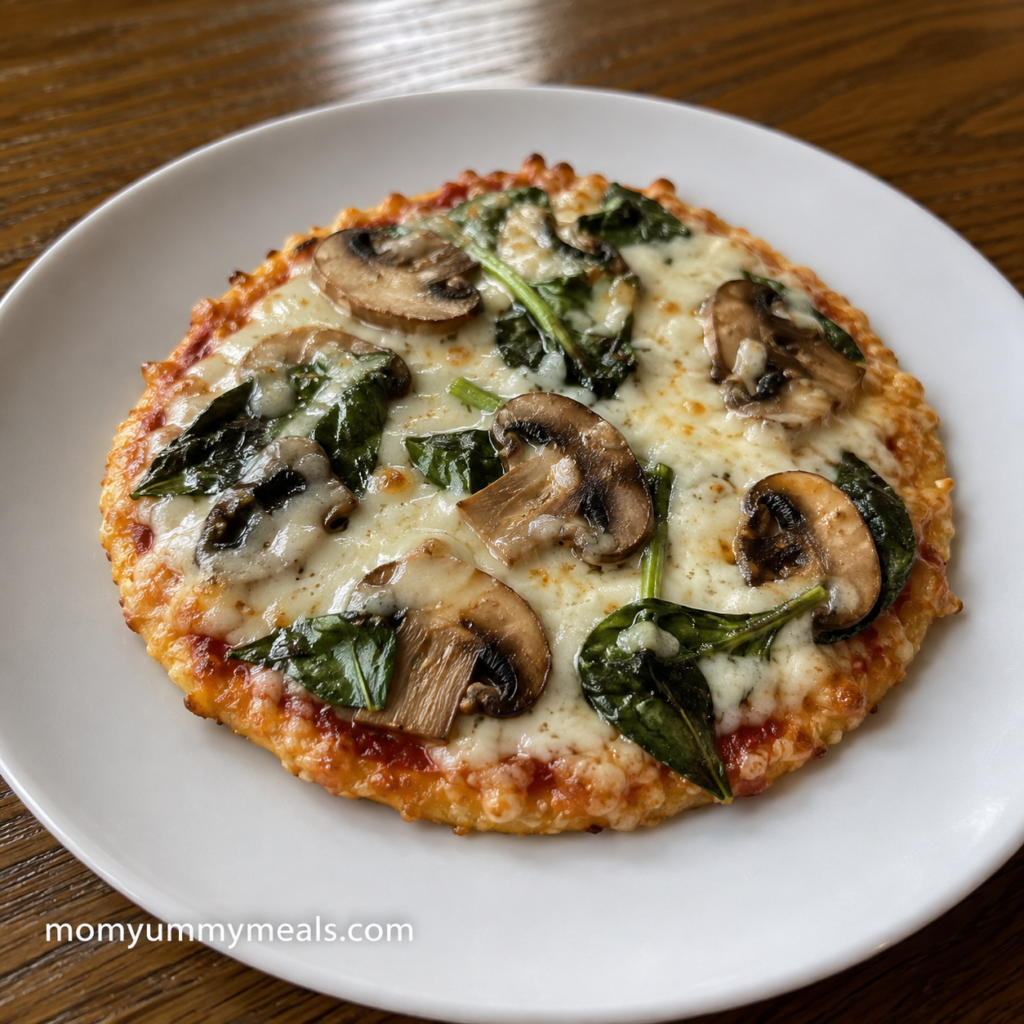 Easy cottage cheese mini pizza with mozzarella spinach and mushrooms