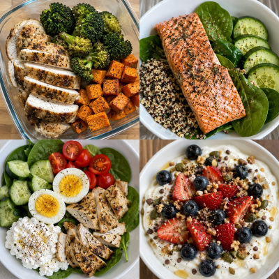 Easy high protein GLP-1 meals with Greek yogurt chicken salmon eggs and vegetables