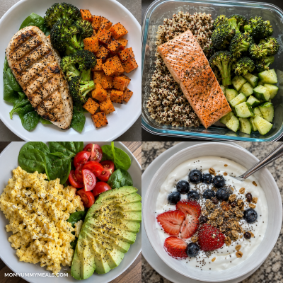 Easy high protein weekly meal plan with chicken salmon eggs vegetables and Greek yogurt