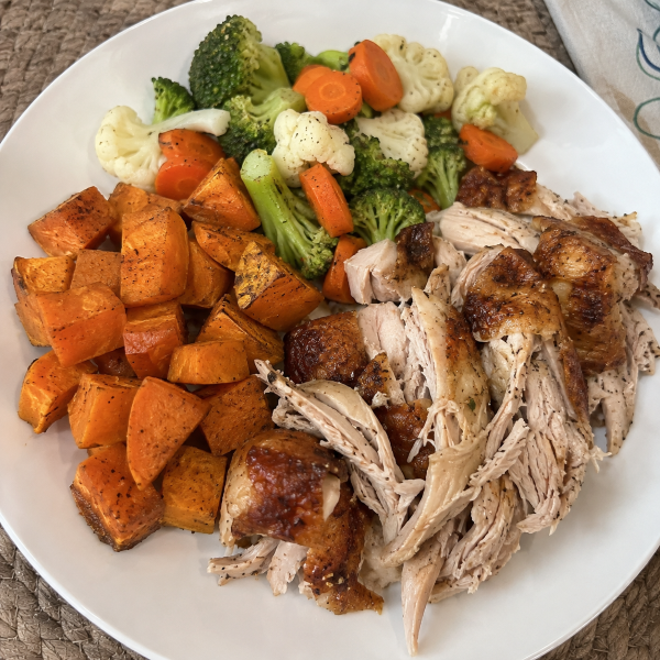 Easy rotisserie chicken dinner with vegetables and sweet potato