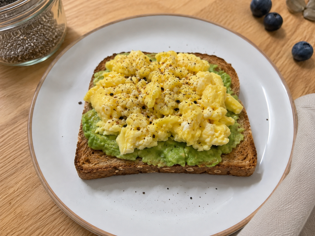 Easy high protein breakfast with scrambled eggs and avocado on whole grain toast
