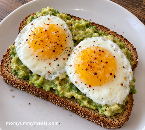 breakfast with avocado and eggs on whole grain toast