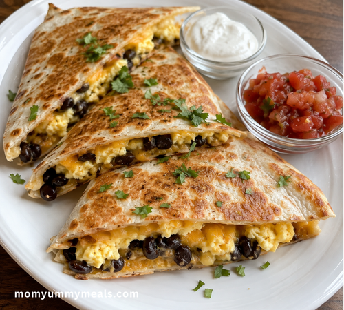 High protein breakfast quesadilla filled with scrambled eggs black beans and cheese