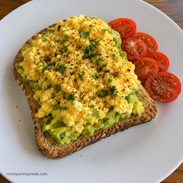 Egg and avocado toast on whole grain bread with tomatoes