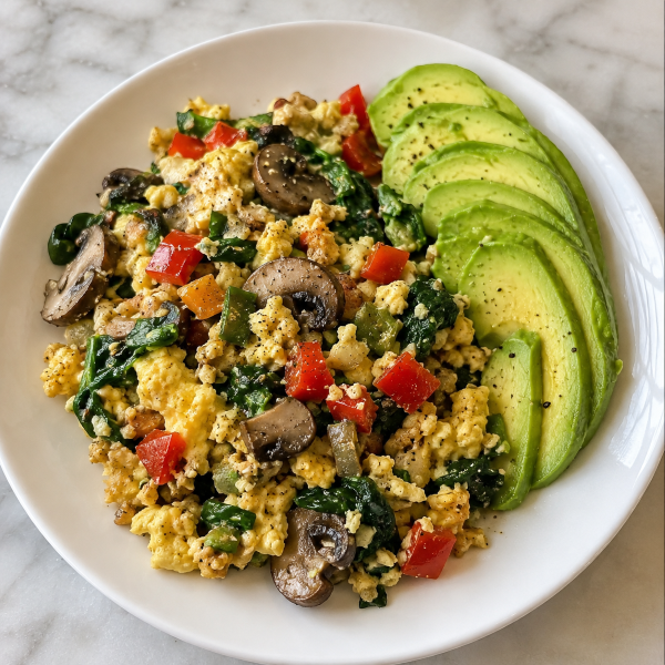 Egg and vegetable scramble with spinach mushrooms peppers and avocado