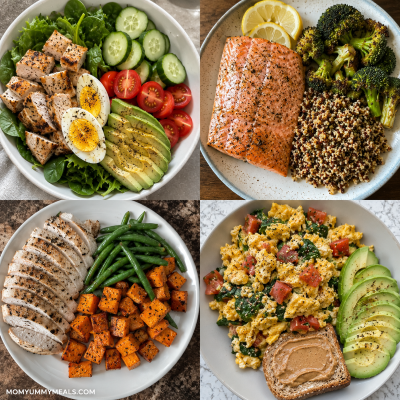 GLP-1 meal plan ideas with eggs chicken turkey salmon vegetables and healthy sides