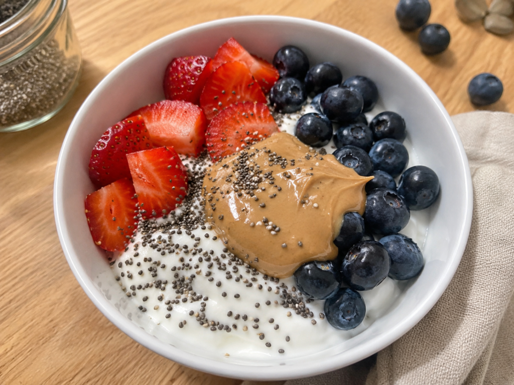 Quick high protein breakfast Greek yogurt bowl with fresh berries, chia seeds, and peanut butter