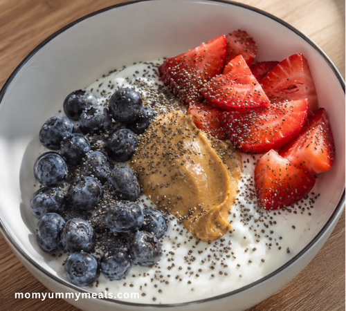 Greek yogurt berry bowl with chia seeds and peanut butter for an easy breakfast