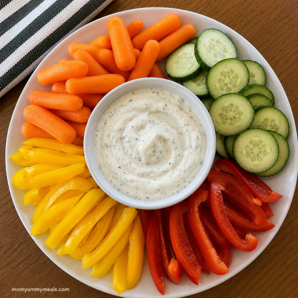Greek yogurt ranch dip with carrots cucumber and bell peppers