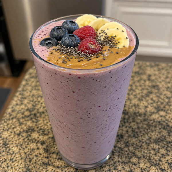 Greek yogurt smoothie with banana berries peanut butter and chia seeds