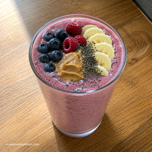 Greek yogurt smoothie with berries banana peanut butter and chia seeds