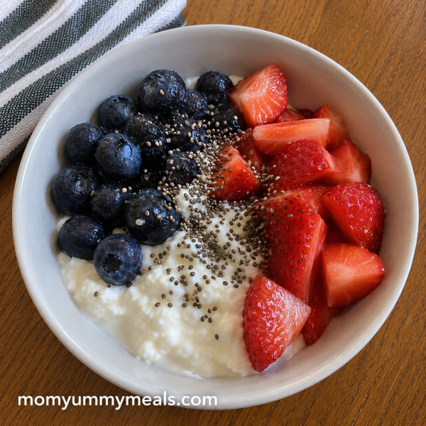 Greek yogurt snack bowl with strawberries blueberries and chia seeds