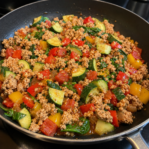 Ground turkey zucchini skillet with peppers spinach and tomatoes