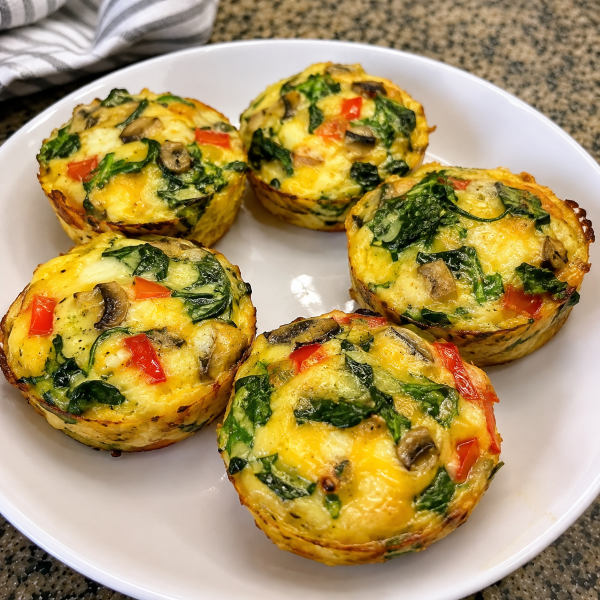 High protein egg muffins with spinach bell peppers mushrooms and cheese