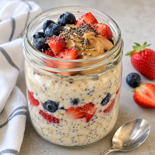 High protein overnight oats with Greek yogurt berries chia seeds and peanut butter