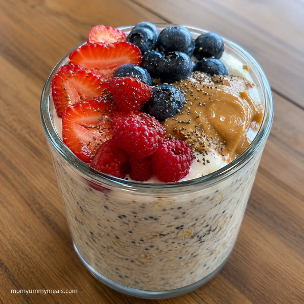High protein overnight oats with Greek yogurt berries chia seeds and peanut butter