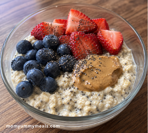 High protein overnight oats with Greek yogurt berries chia seeds and peanut butter