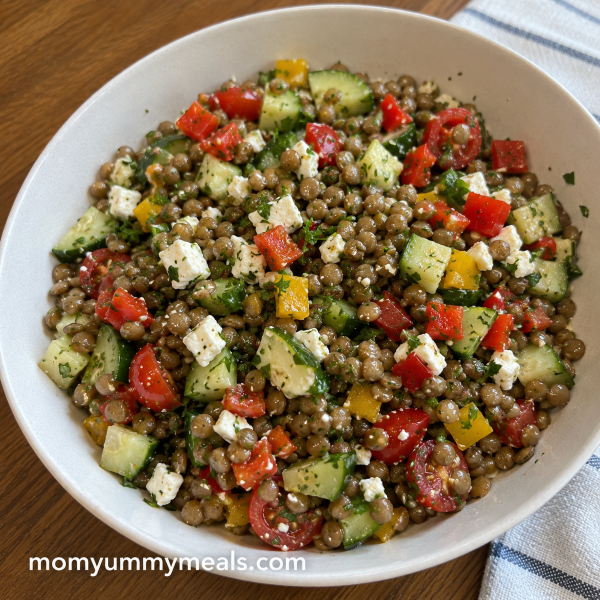 Lentil feta salad with cucumber tomatoes bell peppers and parsley