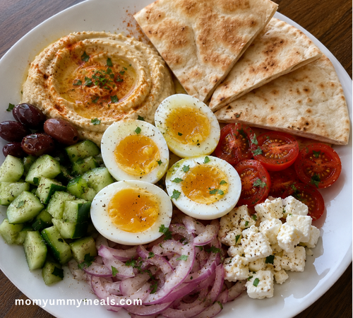 Mediterranean high protein breakfast plate with boiled eggs hummus vegetables and pita
