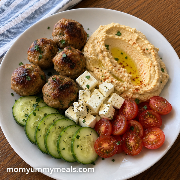 Mediterranean turkey meatball lunch plate with hummus cucumber tomatoes and feta