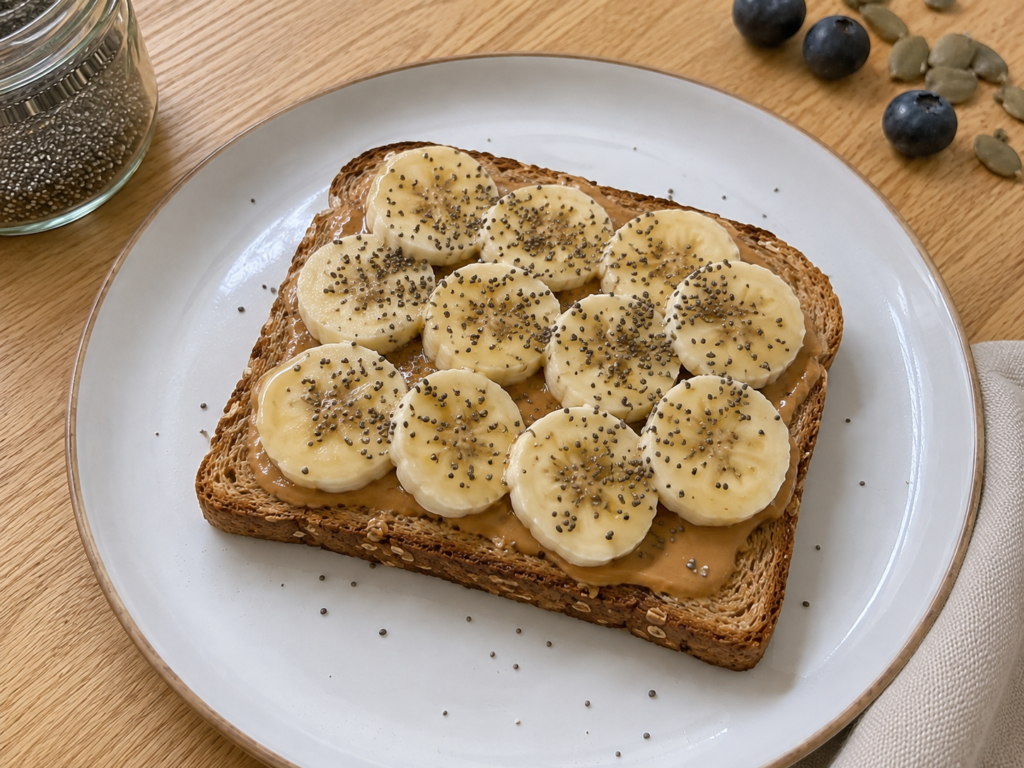 Quick peanut butter banana toast topped with chia seeds for an easy protein breakfast