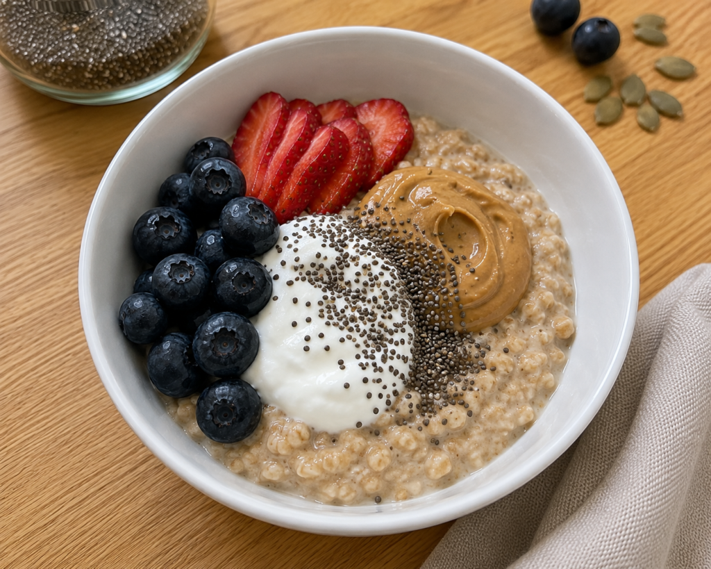 Easy high protein oatmeal topped with Greek yogurt, peanut butter, berries, and chia seeds