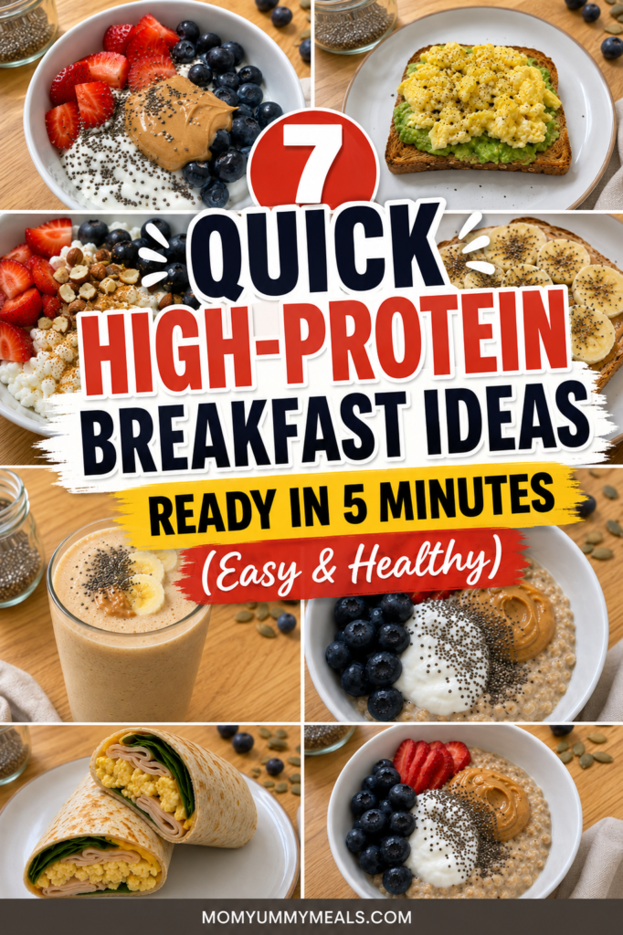 7 quick high protein breakfast ideas ready in 5 minutes including eggs, Greek yogurt, fruit, toast, and smoothies