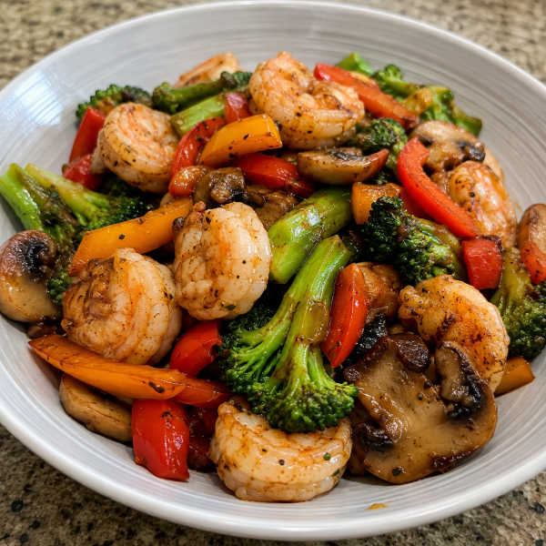 Shrimp and vegetable stir fry with broccoli mushrooms and bell peppers