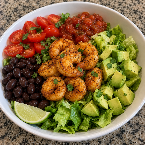 Shrimp taco bowl with black beans lettuce avocado tomatoes and salsa