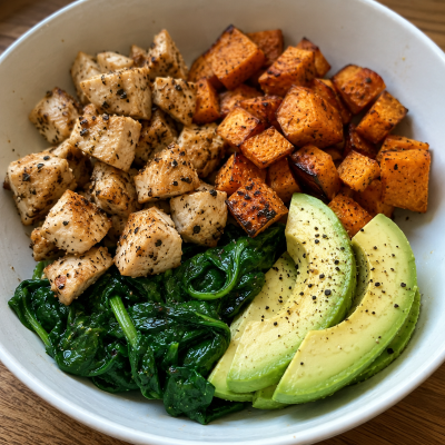 Small chicken bowl with roasted sweet potato spinach and avocado