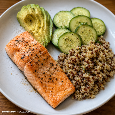 Small salmon plate with avocado cucumber and quinoa