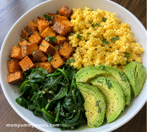 Healthy egg breakfast bowl with roasted sweet potatoes spinach and avocado
