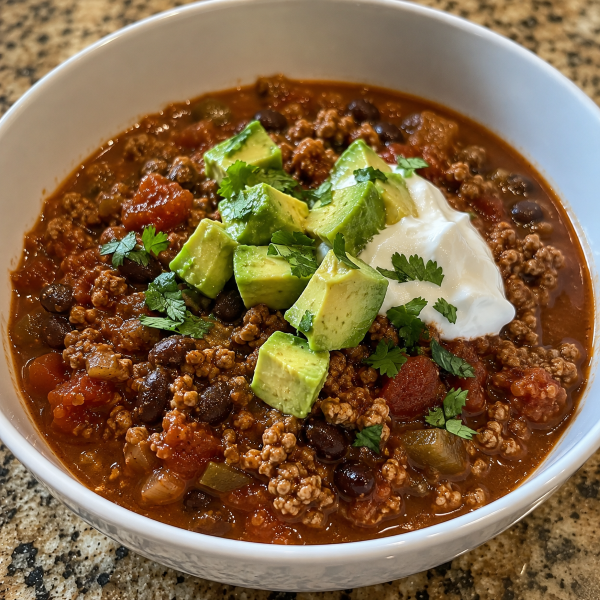 Turkey and black bean chili topped with avocado and Greek yogurt