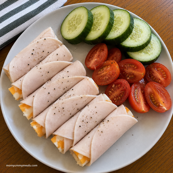 Turkey and cheese roll ups with fresh cucumber and tomatoes