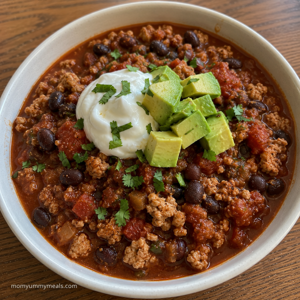 Turkey black bean chili topped with avocado and Greek yogurt