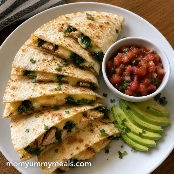 Turkey spinach quesadilla with melted cheese avocado and salsa